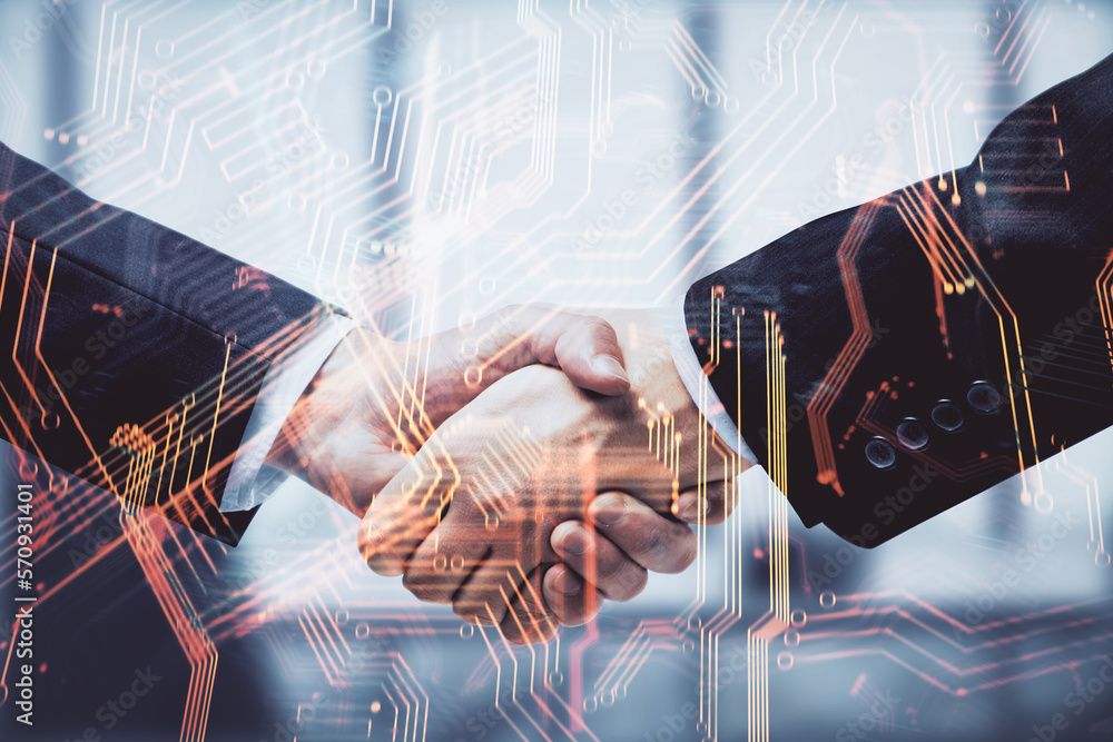 Poster double exposure of tech hologram and handshake of two men. deal concept.