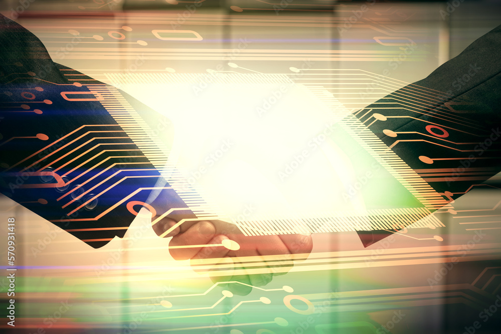 Poster double exposure of data theme hologram and handshake of two men. partnership in it industry concept.