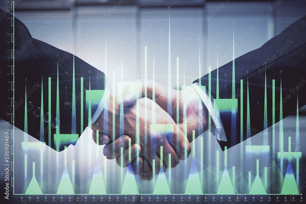 Poster double exposure of forex graph hologram and handshake of two men. stock market concept.