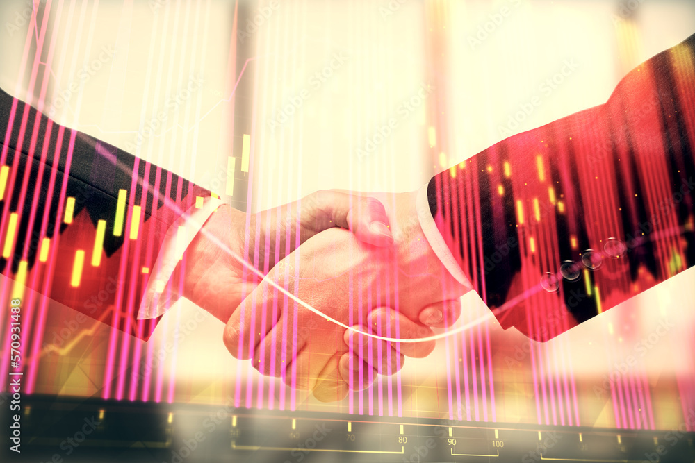 Poster double exposure of forex graph hologram and handshake of two men. stock market concept.