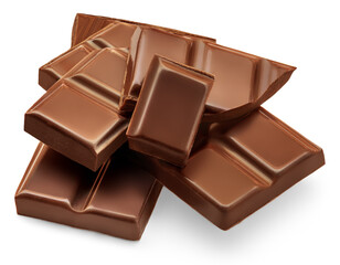 Dark chocolate chunks isolated on white background. Broken smooth Chocolate pieces closeup.