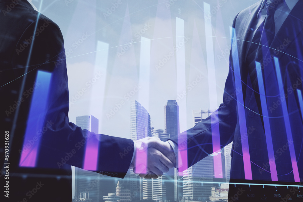 Poster double exposure of forex graph hologram and handshake of two men. stock market concept.