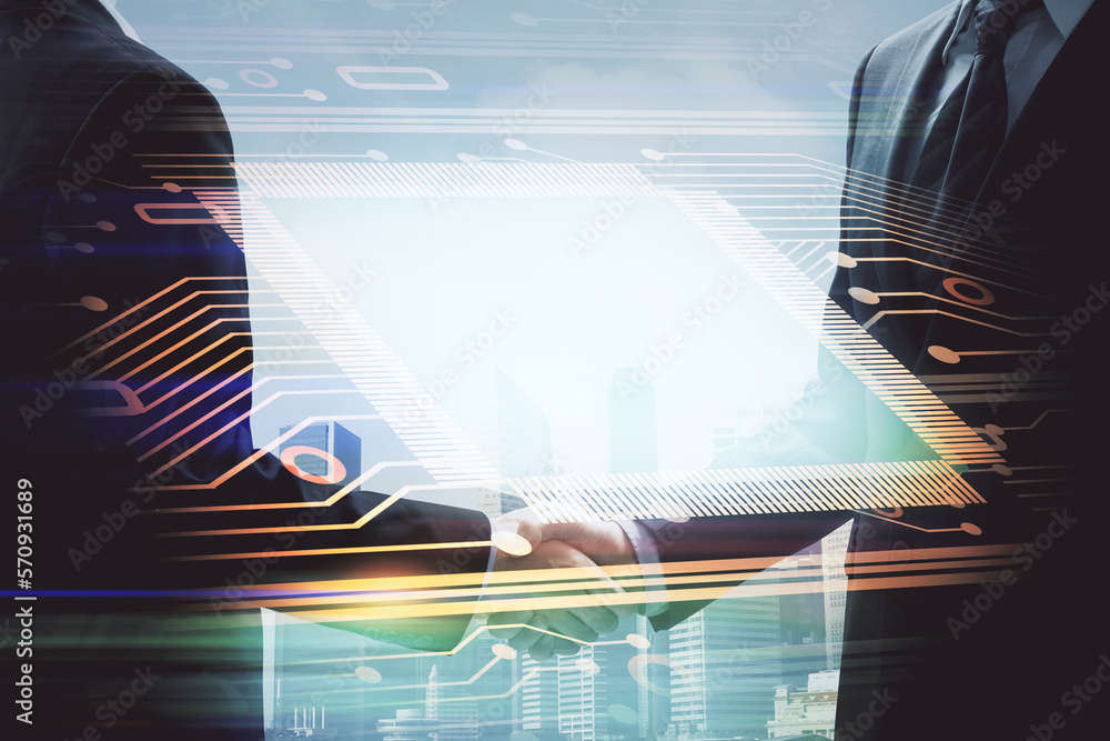Poster double exposure of data theme hologram and handshake of two men. partnership in it industry concept.