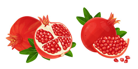 Ripe juicy pomegranate. Cuted Fruit with green leaves. Natural Isolated white background. 