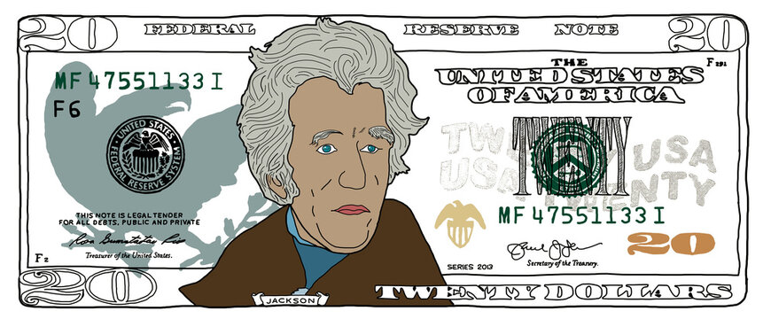 Cartoon hand drawn colorized 20 dollar banknote