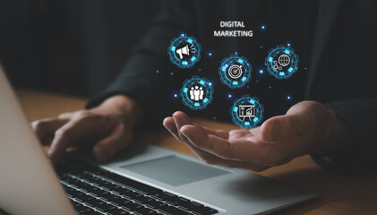 Selective focus at business men hand holding smartphone while search or buying online marketplace with icon show digital marketing campaign or online Search Engine Optimization to boost up sales.	
