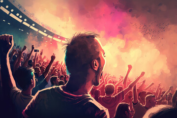 football supporter on stadium. fan group on soccer pitch watching winner team play. Crowd with national flag cheering for winner. Championship game (ai generated)