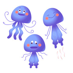 Cute set jellyfishes in cartoon style. Vector illustration for design. Isolated sea animal icon on white background. 