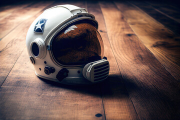 Astronaut helmet, realistic astronaut helmet with clear glass for space exploration and flight in cosmos. White suit part for protection spaceman head. Generative AI.