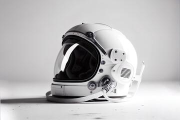 Astronaut helmet, realistic astronaut helmet with clear glass for space exploration and flight in cosmos. White suit part for protection spaceman head. Generative AI.