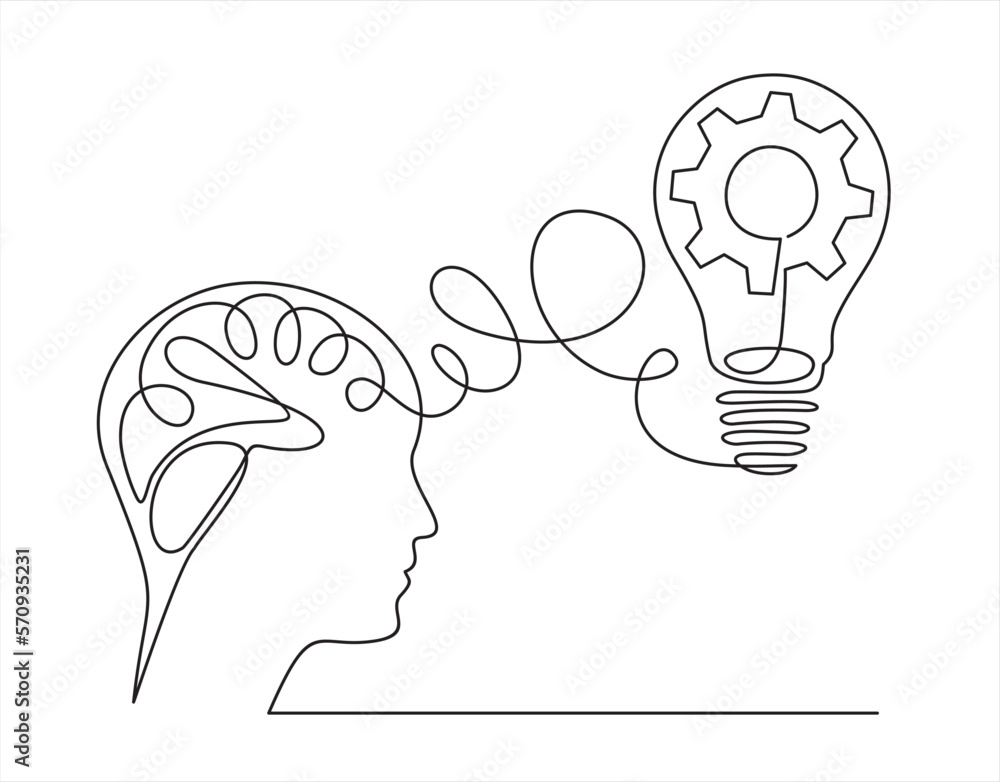 Poster continuous one line drawing of man head with lightbulb with gears as line drawing on white backgroun