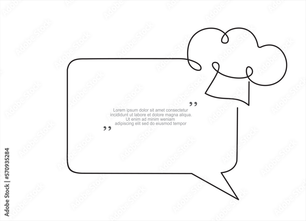 Poster continuous one line drawing of chef hat or cap and speech bubble. trendy line art vector on a white 
