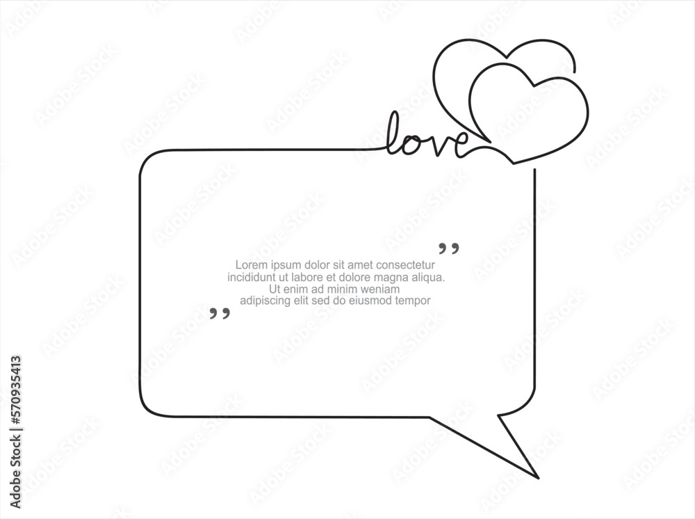 Poster continuous one line drawing of hearts and speech bubble. trendy line art vector on a white backgroun