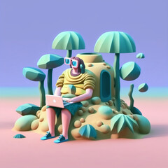 3d man sitting on the beach using a laptop