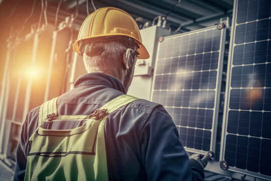 ervice engineer from the back checking solar cell on the roof for maintenance if there is a damaged part. Engineer worker install solar panel. Clean energy concept - created with AI