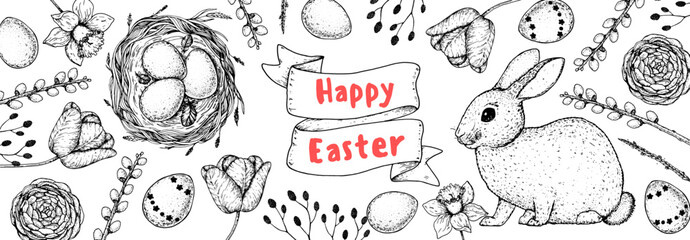 Easter frame vector illustration. Hand drawn sketches. Design elements. Hand drawn easter bunny, easter eggs, spring flowers, basket, nest with eggs . Vintage engraved style.