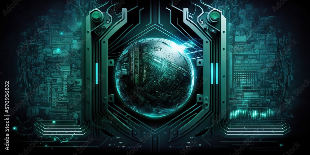 Poster science fiction abstract digital matrix. sci-fi platform background, created with generative ai