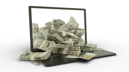 3D rendering of Moldovan leu notes coming out of a Laptop monitor isolated. stacks of lei notes inside a laptop. money from computer, money from laptop