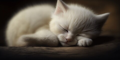 Süße schlafende weiße Baby Katze mit flaumigen Fell, ai generativ