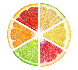 Pieces of orange, lime, grapefruits, lemon and blood orange in a circle cut out