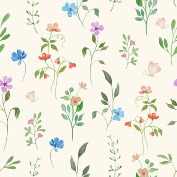 Watercolor floral seamless pattern with painted abstract meadow  flowers.  Hand drawn spring illustration. For packaging, wrapping design or print. Vector EPS.