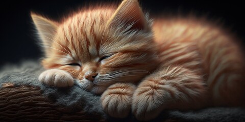 S&uuml;&szlig;e schlafende rote Baby Katze mit flaumigen Fell, ai generativ