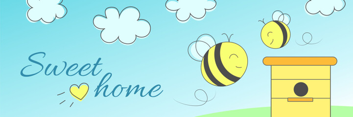 Banner with a demonstration of a happy home. A family of bees fly near the street. Mom and baby bees rejoice at home. An illustration of how important and beautiful a sweet home is.