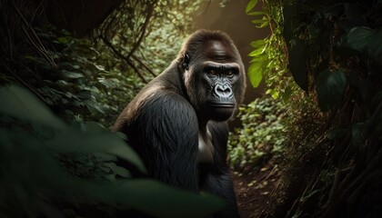 portrait Gorilla in a dense jungle, Generative AI Digital Illustration