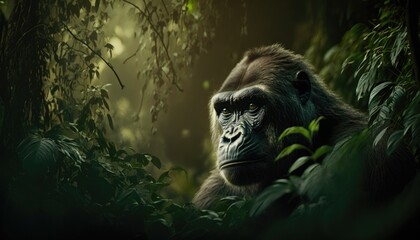 Medium Shot a gorilla in a dense jungle, Generative AI Digital Illustration