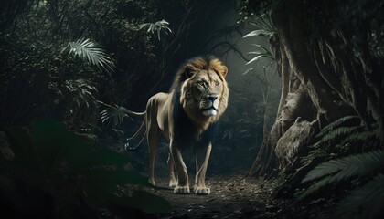 lion in the woods, Generative AI Digital Illustration