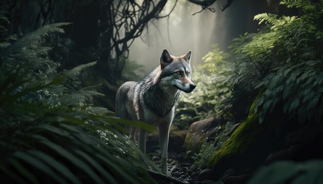 wolf in the forest, Generative AI Digital Illustration