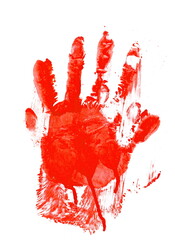 Bloody handprint smudged, red spray stain isolated on white