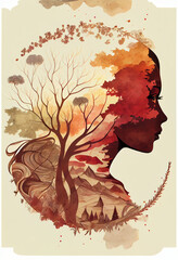 Woman nature, mother earth, autumn aquarelle colors, round isolated print