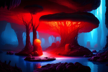 AI Digital Illustration Fantasy Mushroom Cave - obrazy, fototapety, plakaty