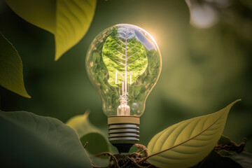 Growing towards an Eco Future. A Plant Thriving in an Energy-Saving Light Bulb on Planty Background.. Generated AI.