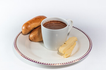 Hot chocolate drink with cheese and bread, isolated, white background