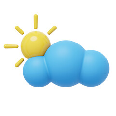 Blue cartoon cloud with sun. 3D rendering. PNG icon on transparent background.