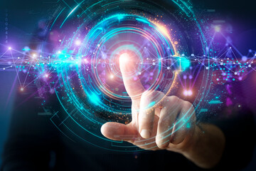 High technologies of the future.User on the holographic interface. Created with generative Ai technology