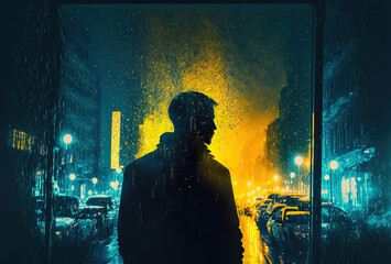 Naklejka premium Dark silhouettes of people, rain, reflections in the wet glass. Night city street illuminated by neon light. 3D rendering. AI generated.