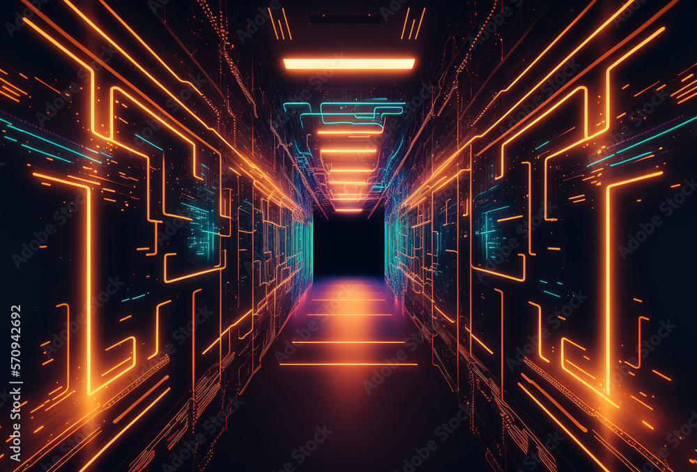 Poster a fantastic neon tunnel, the corridor of a spaceship. immersion in virtual reality, artificial intel