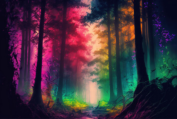 The dark trees are illuminated by multicolored psychedelic neon light. A fairytale forest, a surreal, mystical landscape. A mysterious path through the thicket. 3D rendering. AI generated.