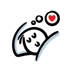 Doodle hand drawn person sleeps on a pillow and sees romantic dreams about love, heart in a bubble.