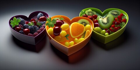 Schüssel in Herz Form mit gesunden Obst und Gemüse, bunt gemischt, AI generativ - obrazy, fototapety, plakaty