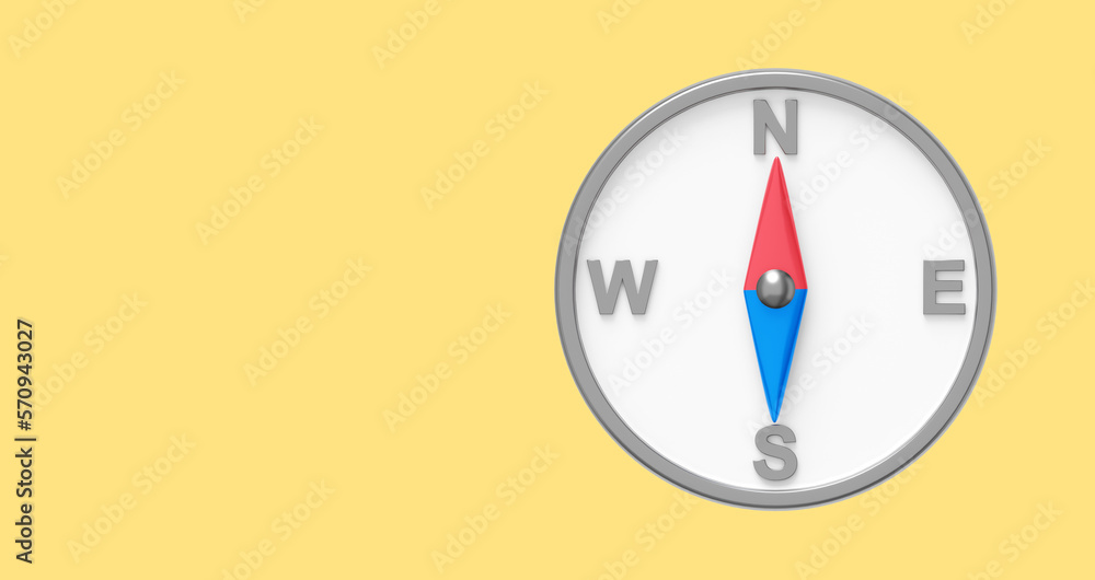 Poster simple compass, navigation, direction finding. 3d rendering. icon on yellow background, space for te