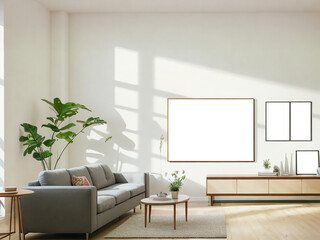 Livingroom Mockup with empty picture frames, generative ai
