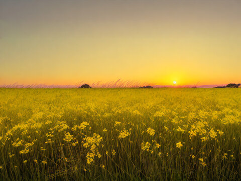 A field of yellow flowers at dawm, generative ai
