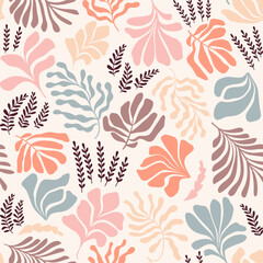 Abstract background with leaves and flowers, Matisse style. Vector seamless pattern with Scandinavian cut out elements.