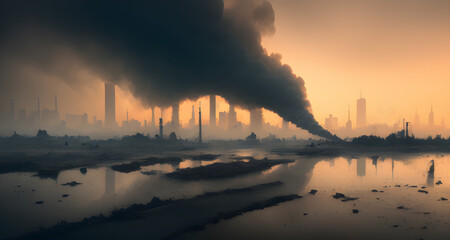 AI Digital Illustration Heavily Polluted Industrial Wasteland Landscape