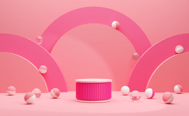 Podium product display with Pink and white ball Aesthetic space Realistic 3D Illustration