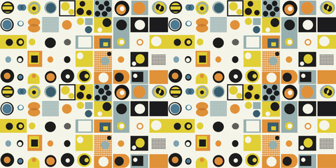 Geometric vector wallpaper with swiss geometric shapes. Retro style. Print and interior design, textiles, paintings, seamless patterns.